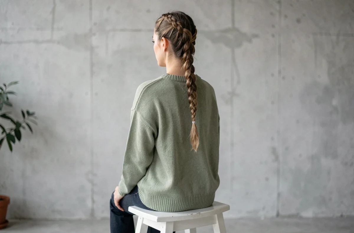 Vue de dos d'une femme aux cheveux fins courts avec une tresse cascade, portant un pull vert sauge dans un studio minimaliste scandinave