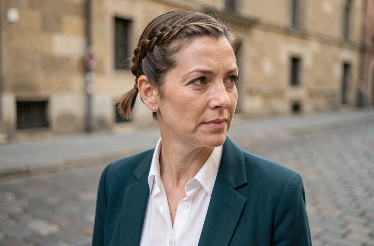 Femme aux cheveux courts et fins avec une tresse hollandaise latérale épinglée, portant un blazer teal, en extérieur sur une rue pavée