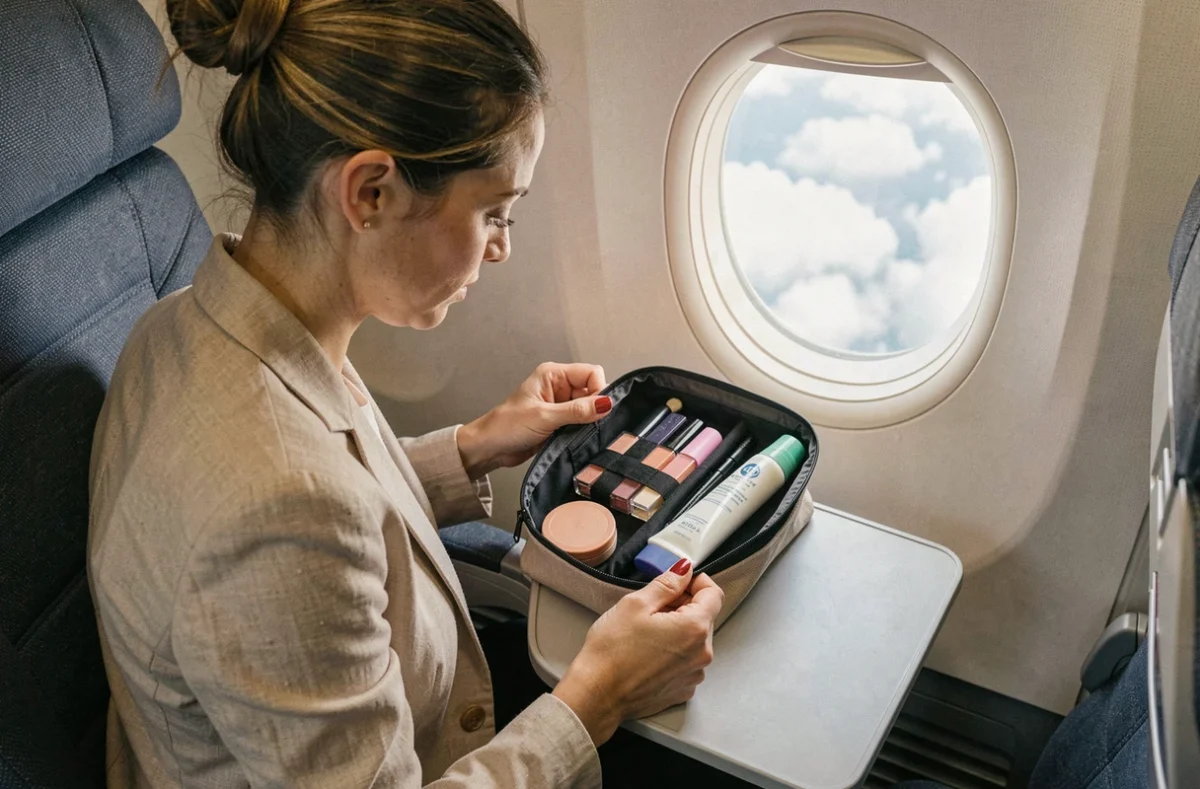Femme organisant sa trousse maquillage cabine sur une tablette d'avion avec produits beauté miniatures