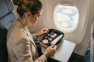 Femme organisant sa trousse maquillage cabine sur une tablette d'avion avec produits beauté miniatures