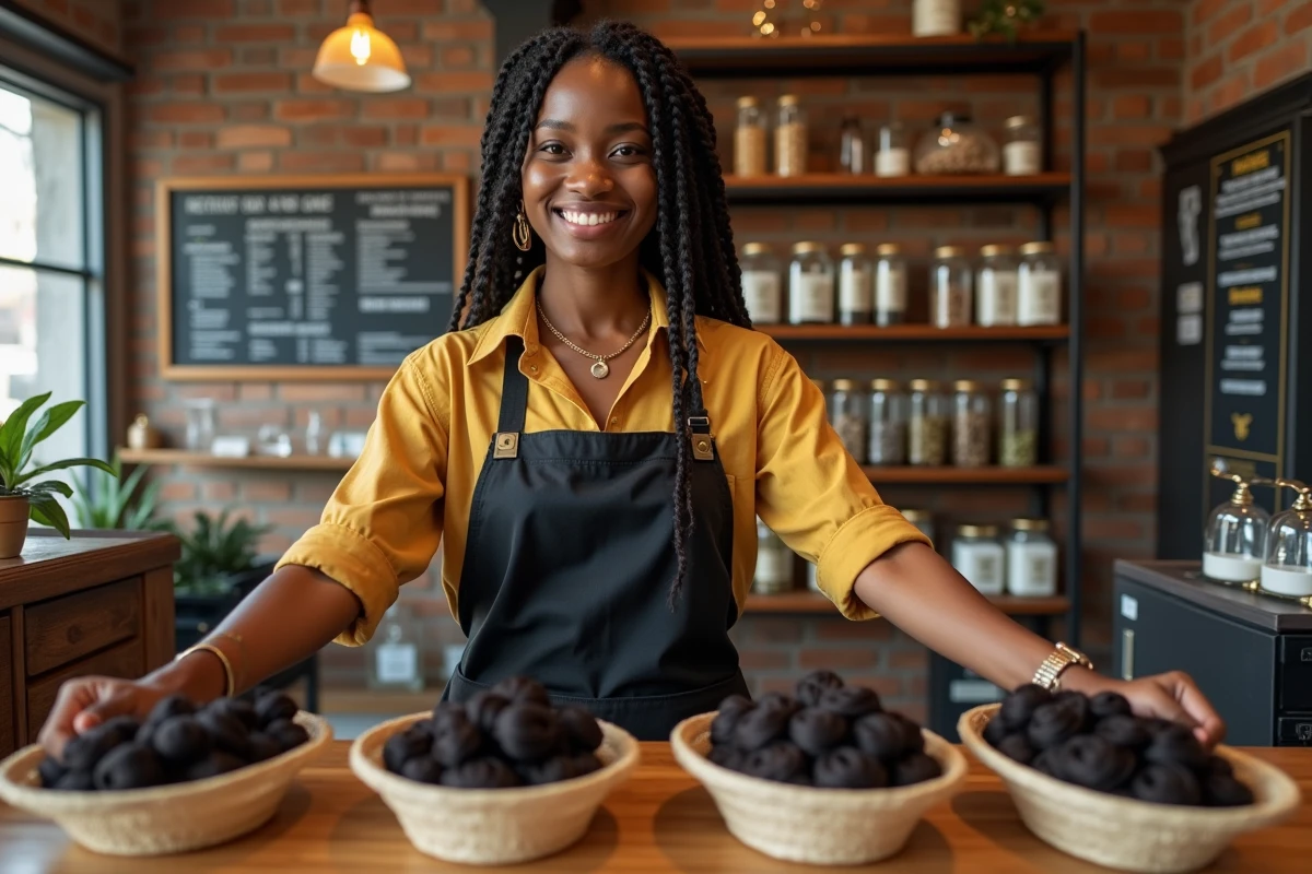 Vendeuse en magasin de mèches afro présentant des extensions capillaires sur un comptoir organisé