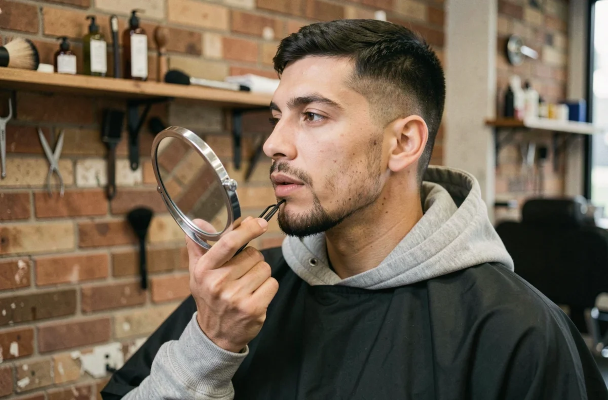 Homme inspectant son bouc dans un miroir en barbershop pour vérifier l'absence de rougeurs après la taille