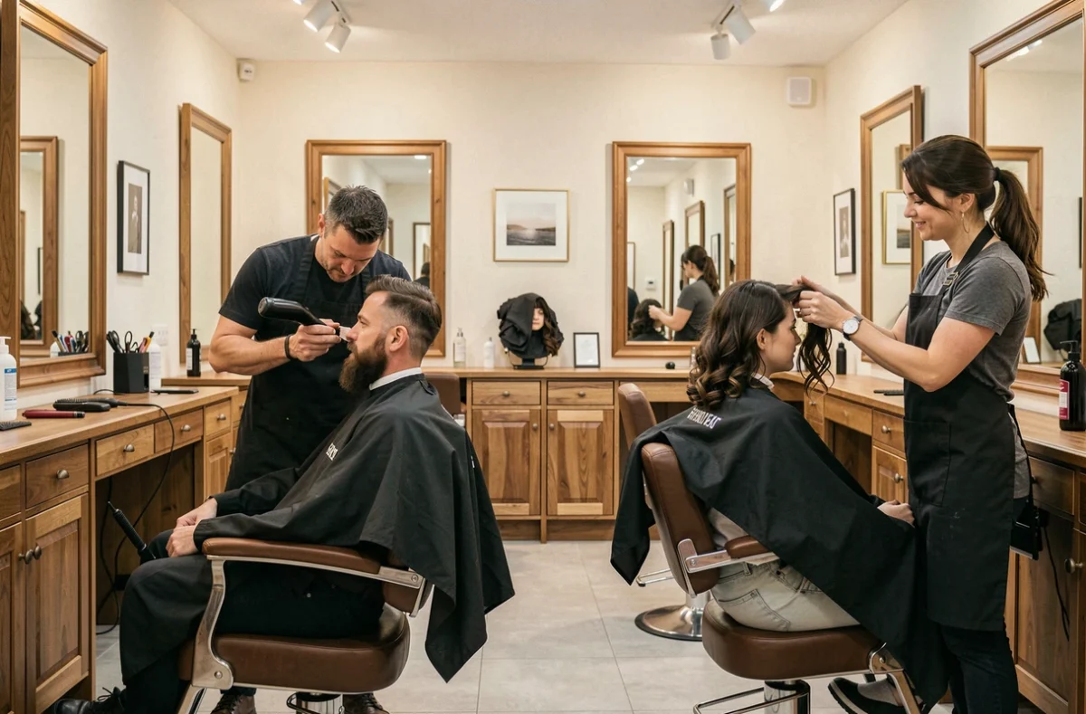 Salon de coiffure mixte Vog Coiffure à Chantilly avec un client masculin et une cliente féminine se faisant coiffer simultanément