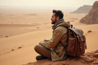Homme voyageur assis sur un rocher dans le désert
