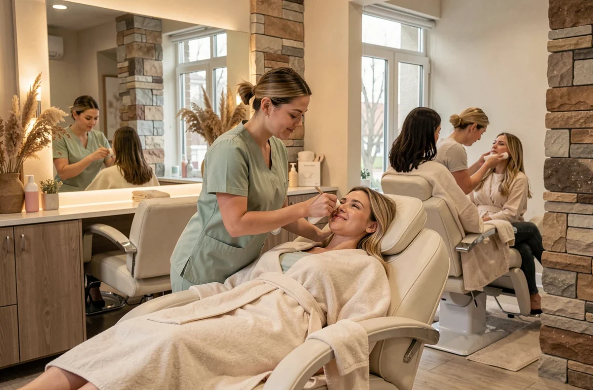 Esthéticienne réalisant un soin visage dans le salon mixte Zen Coiffure et Beauté à Noyon avec zone coiffure visible en arrière-plan
